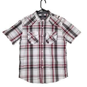Ecko Unltd Men's L Plaid Short Sleeve Button Up Shirt White Red Gray 100% Cotton